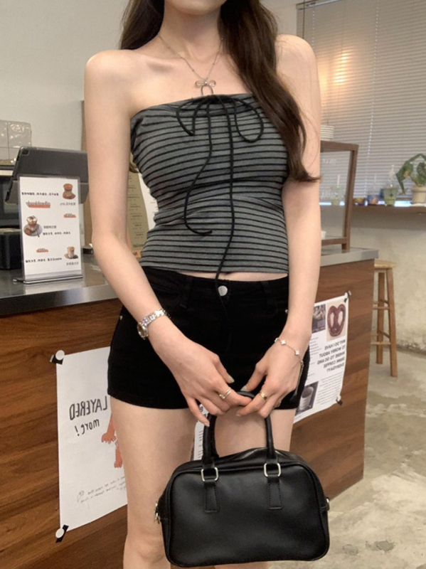 Тръбесто еластично бюстие без презрамки с панделка, райета, вискоза, памук 90–95%