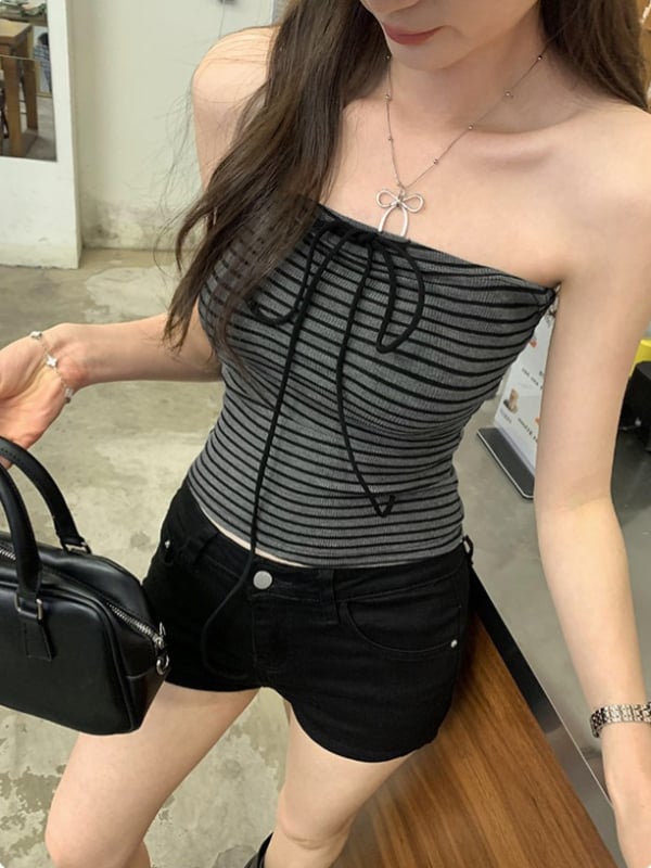 Тръбесто еластично бюстие без презрамки с панделка, райета, вискоза, памук 90–95%