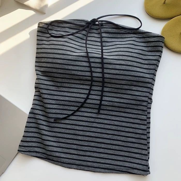 Тръбесто еластично бюстие без презрамки с панделка, райета, вискоза, памук 90–95%