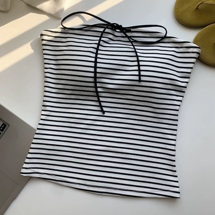 Тръбесто еластично бюстие без презрамки с панделка, райета, вискоза, памук 90–95%