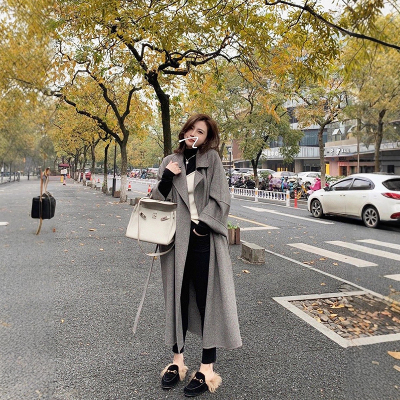 Ženski kaput od vune s kašmirom i poliestrom, 3D uzorak, srednja duljina, korejski Hepburn stil