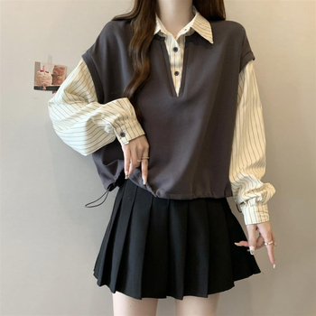 Ženski prugasti košuljski vest s polo ovratnikom, chenille tkanina, elastan ispod 30%, japansko-korejski opušteni stil, proljeće 2025