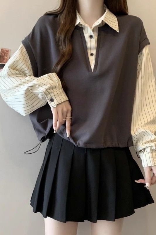 Ženski prugasti košuljski vest s polo ovratnikom, chenille tkanina, elastan ispod 30%, japansko-korejski opušteni stil, proljeće 2025