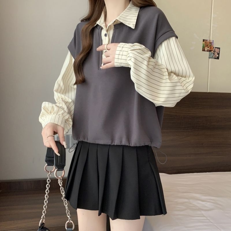 Ženski prugasti košuljski vest s polo ovratnikom, chenille tkanina, elastan ispod 30%, japansko-korejski opušteni stil, proljeće 2025
