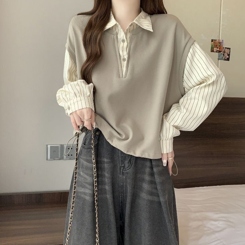 Ženski prugasti košuljski vest s polo ovratnikom, chenille tkanina, elastan ispod 30%, japansko-korejski opušteni stil, proljeće 2025