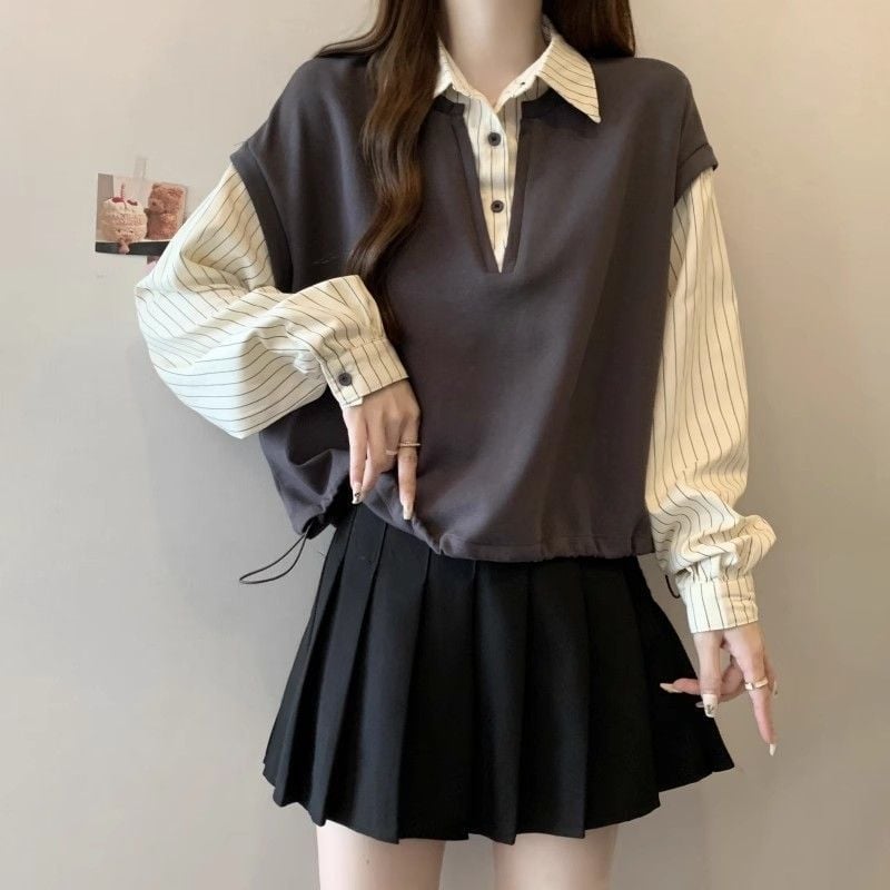 Ženski prugasti košuljski vest s polo ovratnikom, chenille tkanina, elastan ispod 30%, japansko-korejski opušteni stil, proljeće 2025