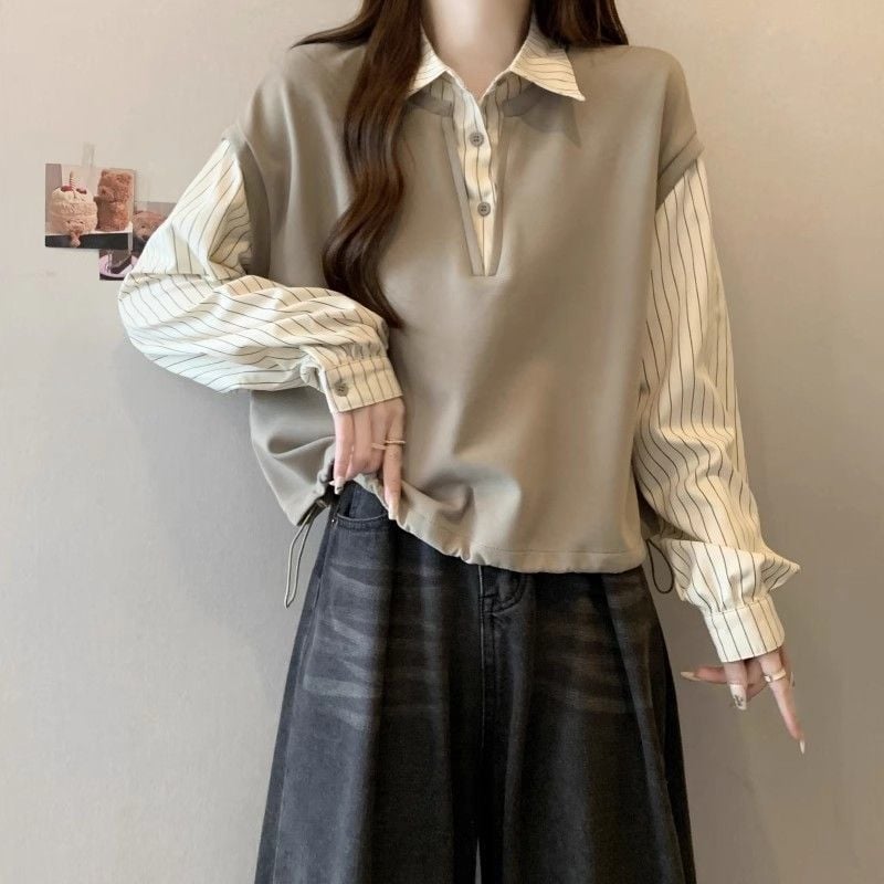 Ženski prugasti košuljski vest s polo ovratnikom, chenille tkanina, elastan ispod 30%, japansko-korejski opušteni stil, proljeće 2025