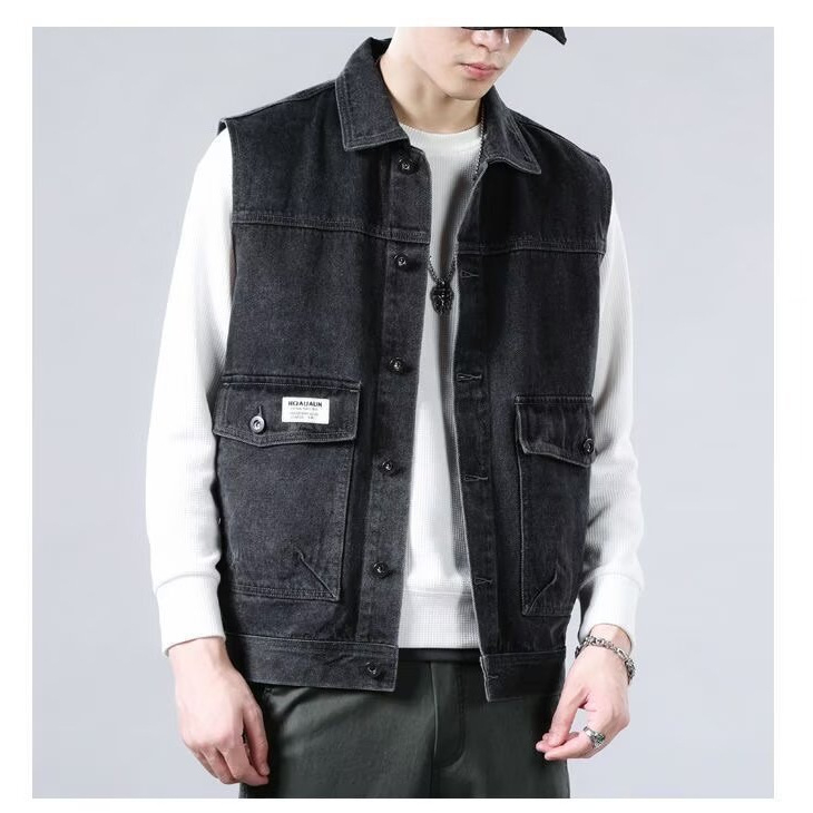 Muška džinsko-pamučna vest s reverom, bez rukava, retro stil, trodimenzionalni džepovi