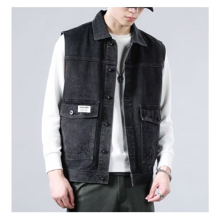 Muška džinsko-pamučna vest s reverom, bez rukava, retro stil, trodimenzionalni džepovi