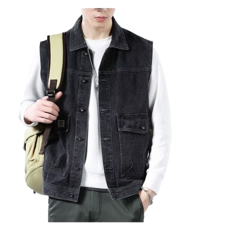 Muška džinsko-pamučna vest s reverom, bez rukava, retro stil, trodimenzionalni džepovi