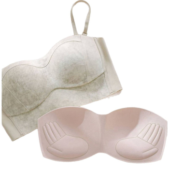 Grudnjak s košaricama u obliku dlana, bezšivan, s odvojivim dvostrukim naramenicama, najlon tkanina s podstavom od spandexa, stražnje kopče u četiri reda, košarice: tanke gore, debele dolje.