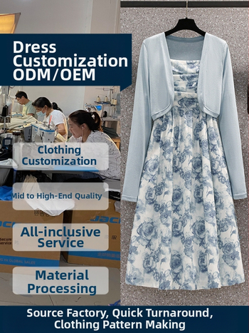 Vlastná výroba šiat zo tkaniva s výšivkou, spracovanie podľa vzoriek a výkresov, kapacita 1111 kusov, hlavné tkaniny: bavlna a pletená bavlna