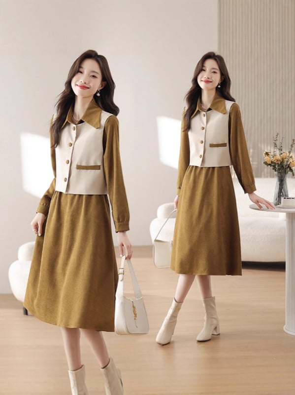 Két részes őszi ruházati készlet: hosszú ujjú felső klasszikus gallérral + A-vonalú midi szoknya, magas derék; anyagok: poliészter rost; akril 100%; modál 100%; bélés spandex 100%; Ősz 2025