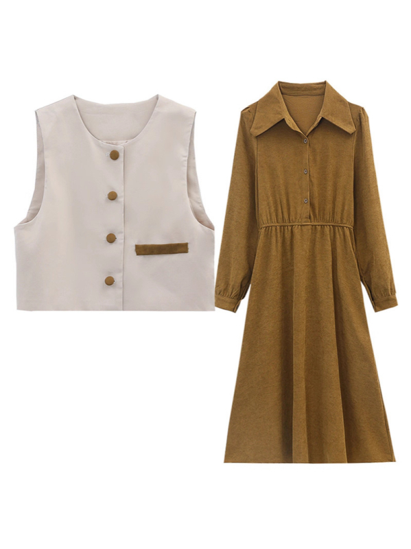 Két részes őszi ruházati készlet: hosszú ujjú felső klasszikus gallérral + A-vonalú midi szoknya, magas derék; anyagok: poliészter rost; akril 100%; modál 100%; bélés spandex 100%; Ősz 2025