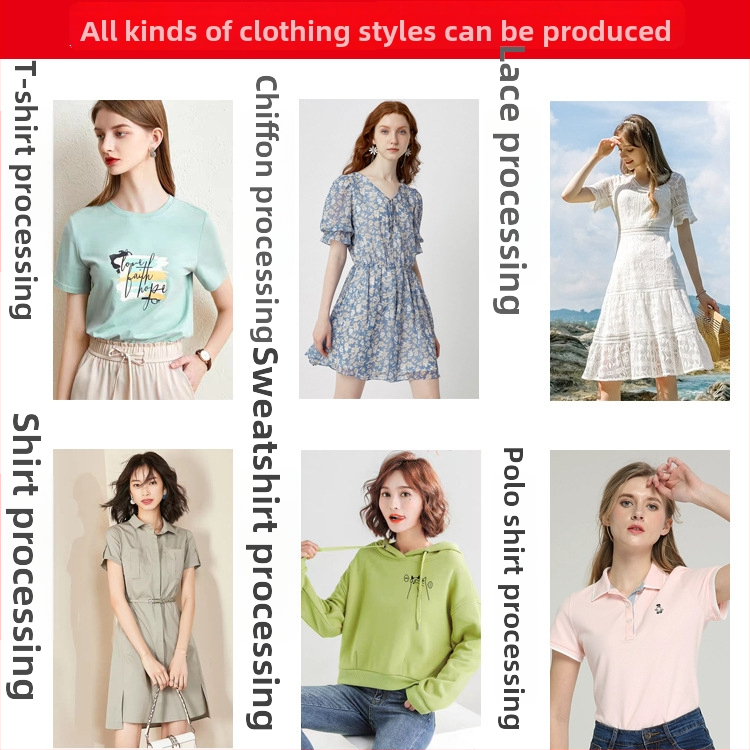 Individualizuotos drabužių apdorojimas moterų mezginiams ir audinių T‑marškinėliams — modelių kūrimas, spauda ir siuvinėjimas; OEM ir brėžinių apdorojimas; Audiniai: medvilnė, sintetiniai pluoštai, spandeksas, modalas; Pajėgumas: 600 vienetų