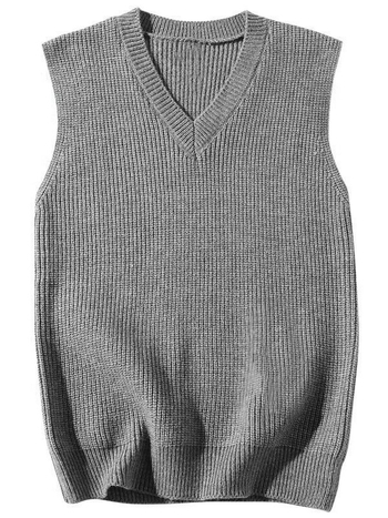 Muški pleteni prsluk s V-izrezom, udoban kroj, smjesa poliestera (80%), jednobojni uzorak, za jesen 2024