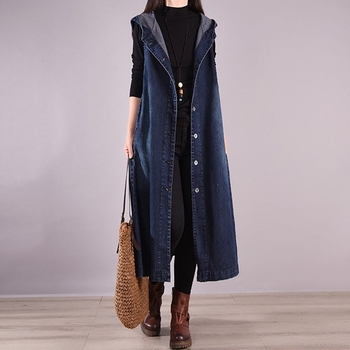 Ženski denim prsluk s kapuljom, dugačak, bez rukava, opuštenog kroja, plus veličine, za proljeće i jesen