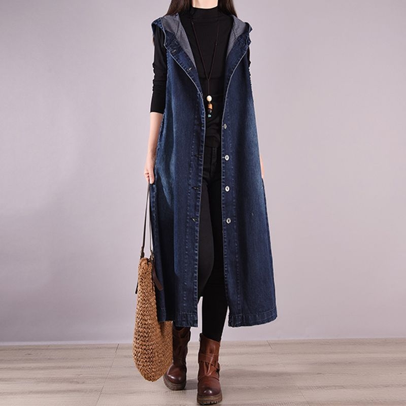 Ženski denim prsluk s kapuljom, dugačak, bez rukava, opuštenog kroja, plus veličine, za proljeće i jesen