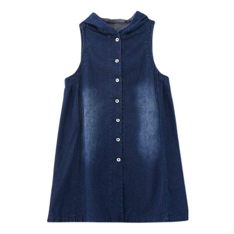 Ženski denim prsluk s kapuljom, dugačak, bez rukava, opuštenog kroja, plus veličine, za proljeće i jesen