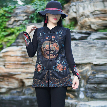 Ženska etničkog stila, brodirana satin veste, cardigan-stil s stojećim ovratnikom, srednja duljina, poliester-spandex smjesa