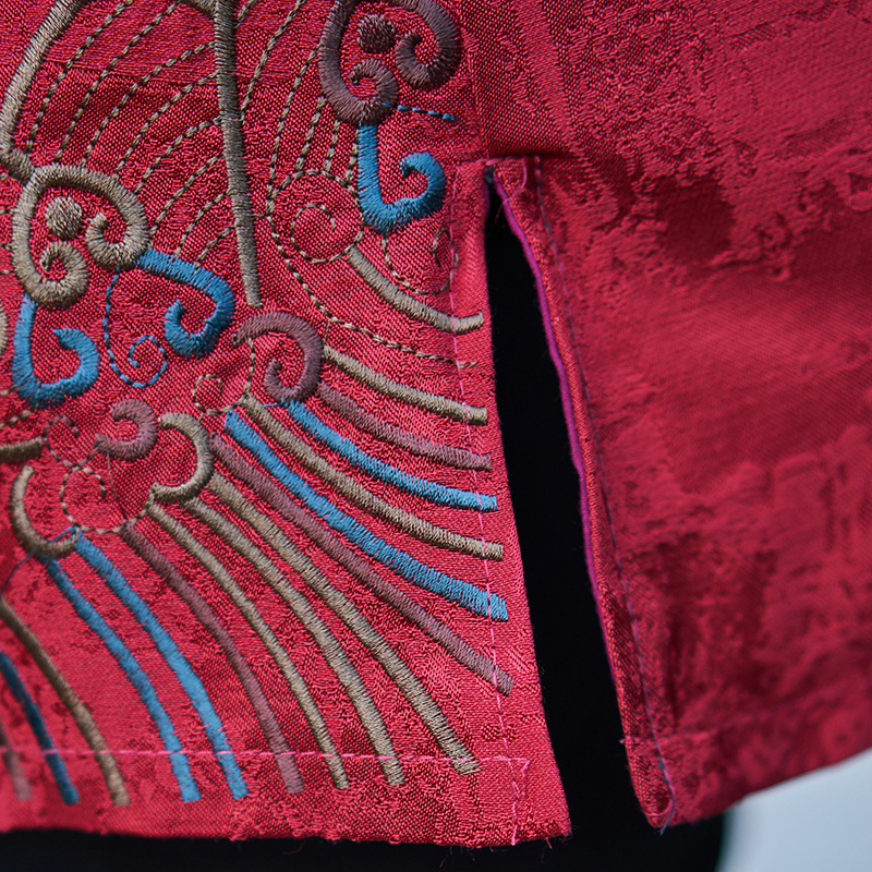 Ženska etničkog stila, brodirana satin veste, cardigan-stil s stojećim ovratnikom, srednja duljina, poliester-spandex smjesa