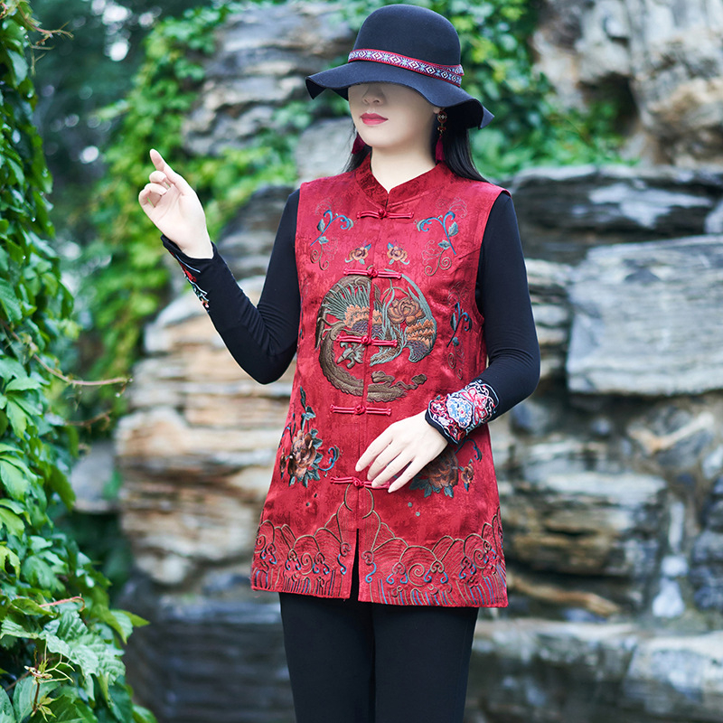 Ženska etničkog stila, brodirana satin veste, cardigan-stil s stojećim ovratnikom, srednja duljina, poliester-spandex smjesa