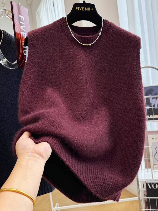 Ženski bezrukavni pleteni vest (kasmirna mješavina; okrugli ovratnik; slobodan kroj; duljina 50–65 cm)