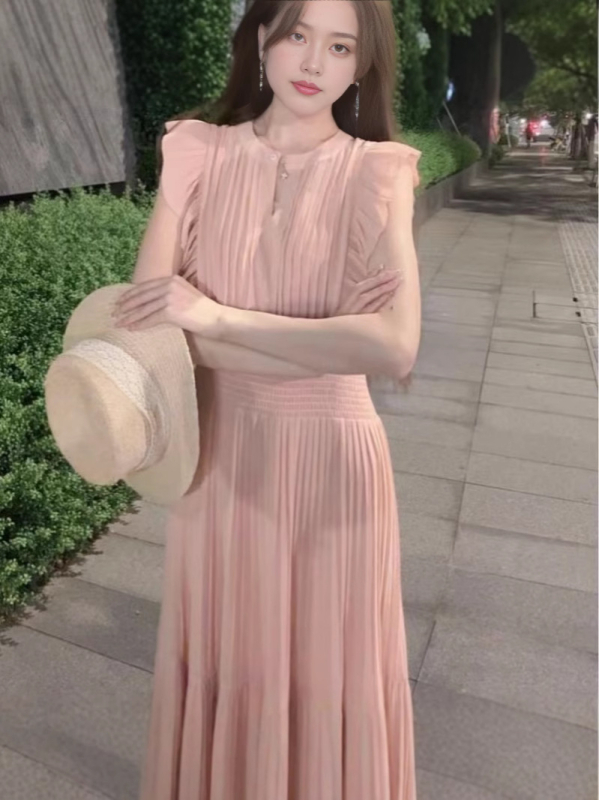 V-nyakú, ujj nélküli, magas derék, pliszírozott, A-vonalú midi ruha