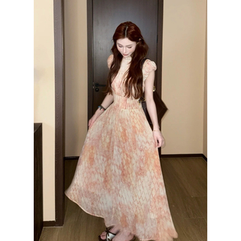 Tulipános virágmintás ruha, elegáns karcsú sziluett, magas gallér, Feifei ujjú, rövid ujjú, hosszú szoknya