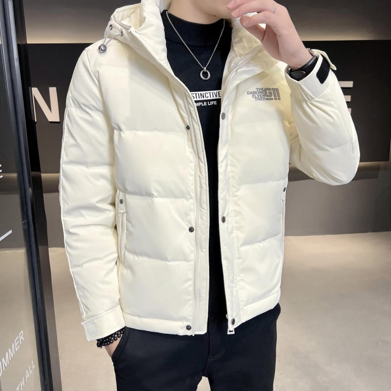 Muška jakna s kapuljom s bijelim patkama perjem, sadržaj perja 81–85%, zaštita od hladnoće -5°C do 0°C, debeli kordurojani materijal