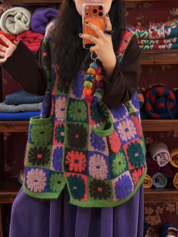 Ženski pleteni prsluk s V-izrezom, retro floralni uzorak, slobodan kroj, poliester pleteni materijal