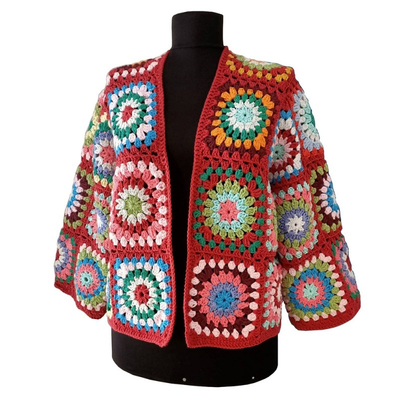 Mētelis sievietēm, rokām adīts bohem stilā, kvadrātveida raksts, garas piedurknes, pēc pasūtījuma