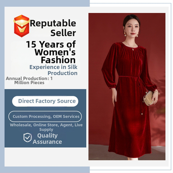 Női selyemvelúr ruha – 100% mulberry selyem és 100% viszkóz, kerek nyakú, 3/4-es ujjú, középső hosszúságú, egyszínű, elegáns üzleti stílus