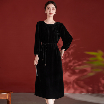 Női selyemvelúr ruha – 100% mulberry selyem és 100% viszkóz, kerek nyakú, 3/4-es ujjú, középső hosszúságú, egyszínű, elegáns üzleti stílus