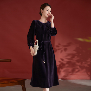 Női selyemvelúr ruha – 100% mulberry selyem és 100% viszkóz, kerek nyakú, 3/4-es ujjú, középső hosszúságú, egyszínű, elegáns üzleti stílus