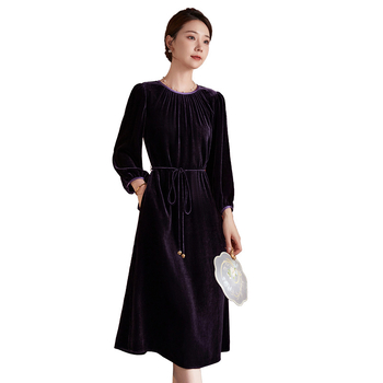 Női selyemvelúr ruha – 100% mulberry selyem és 100% viszkóz, kerek nyakú, 3/4-es ujjú, középső hosszúságú, egyszínű, elegáns üzleti stílus