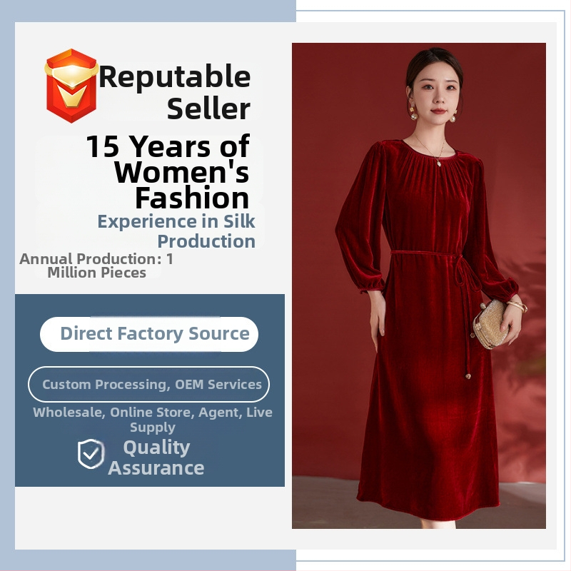 Női selyemvelúr ruha – 100% mulberry selyem és 100% viszkóz, kerek nyakú, 3/4-es ujjú, középső hosszúságú, egyszínű, elegáns üzleti stílus