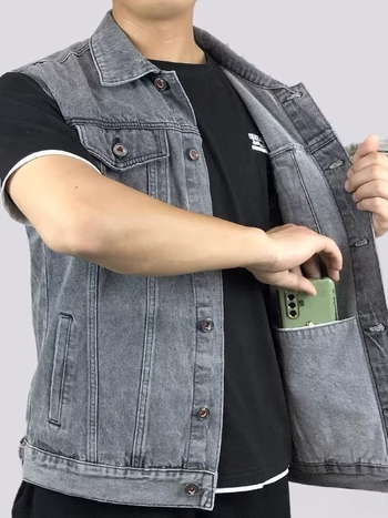 Muški traper prsluk bez rukava, s reverom, jednostruko kopčanje, džepovi s patchom, ravni rub