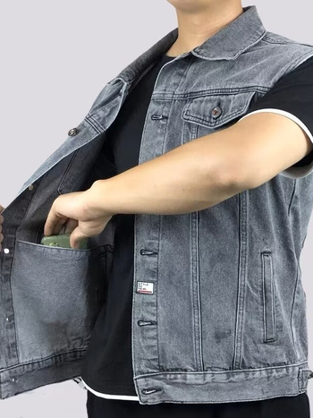 Muški traper prsluk bez rukava, s reverom, jednostruko kopčanje, džepovi s patchom, ravni rub