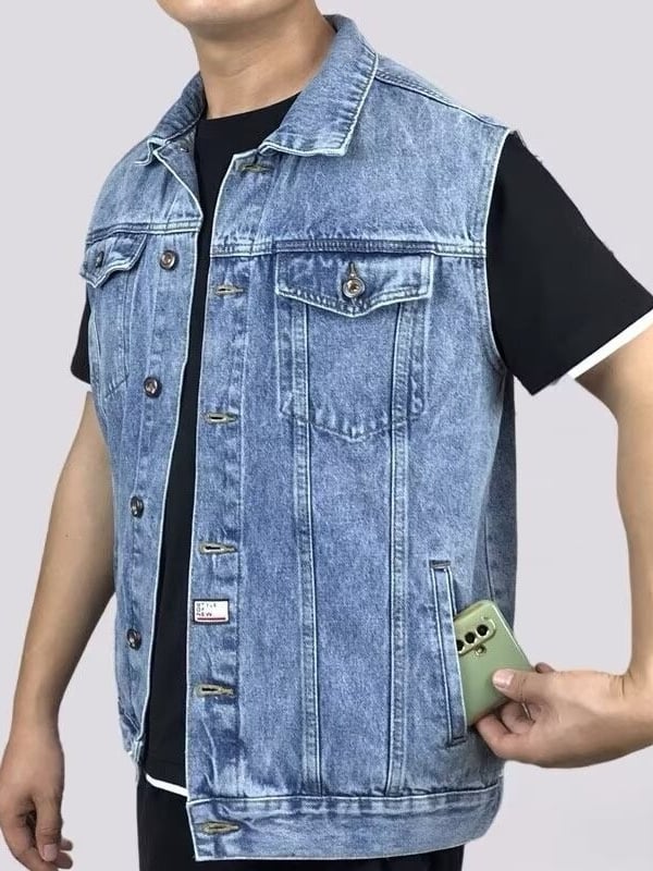 Muški traper prsluk bez rukava, s reverom, jednostruko kopčanje, džepovi s patchom, ravni rub