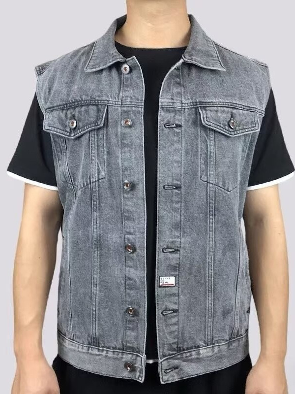 Muški traper prsluk bez rukava, s reverom, jednostruko kopčanje, džepovi s patchom, ravni rub