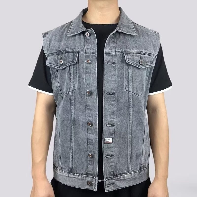 Muški traper prsluk bez rukava, s reverom, jednostruko kopčanje, džepovi s patchom, ravni rub