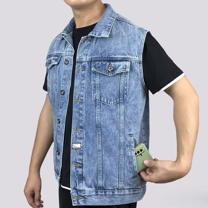 Muški traper prsluk bez rukava, s reverom, jednostruko kopčanje, džepovi s patchom, ravni rub