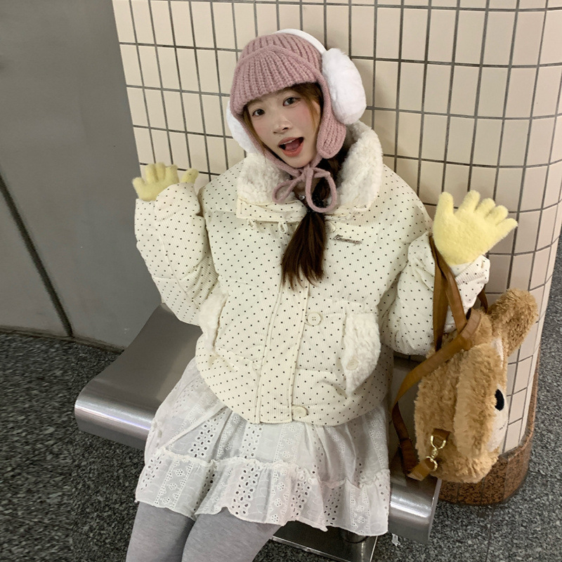 Ženska corduroy jakna s točkicama, dugi rukavi, zatvarač, poludugi ovratnik, produžena duljina, punilo od gusjeg perja >450 g, zima 2025, elegantan gradski stil