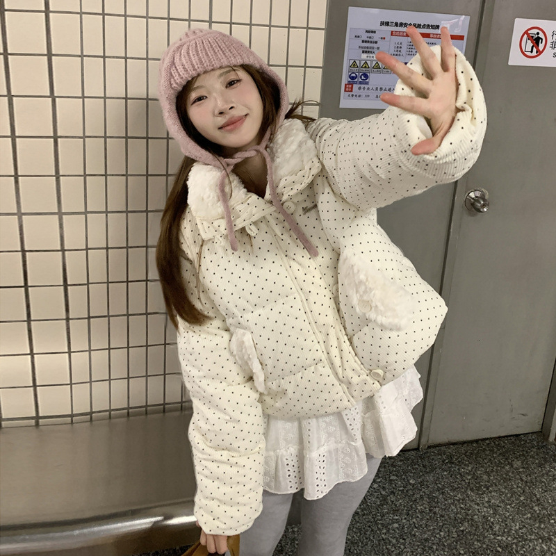 Ženska corduroy jakna s točkicama, dugi rukavi, zatvarač, poludugi ovratnik, produžena duljina, punilo od gusjeg perja >450 g, zima 2025, elegantan gradski stil