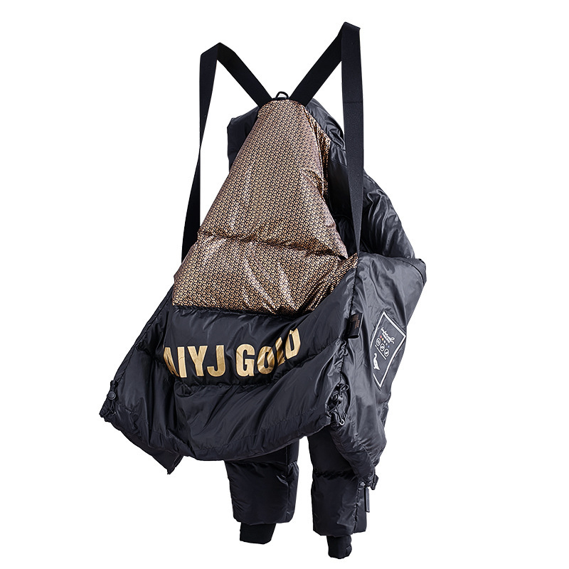 Dugačka jakna s kapuljačom, punjenje od bijelog guščjeg pera, kašmir sadržaj 76–80%, pogodna za ekstremno hladno vrijeme (-30°C do -15°C), slobodan kroj