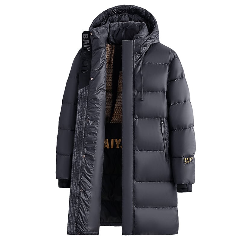 Dugačka jakna s kapuljačom, punjenje od bijelog guščjeg pera, kašmir sadržaj 76–80%, pogodna za ekstremno hladno vrijeme (-30°C do -15°C), slobodan kroj