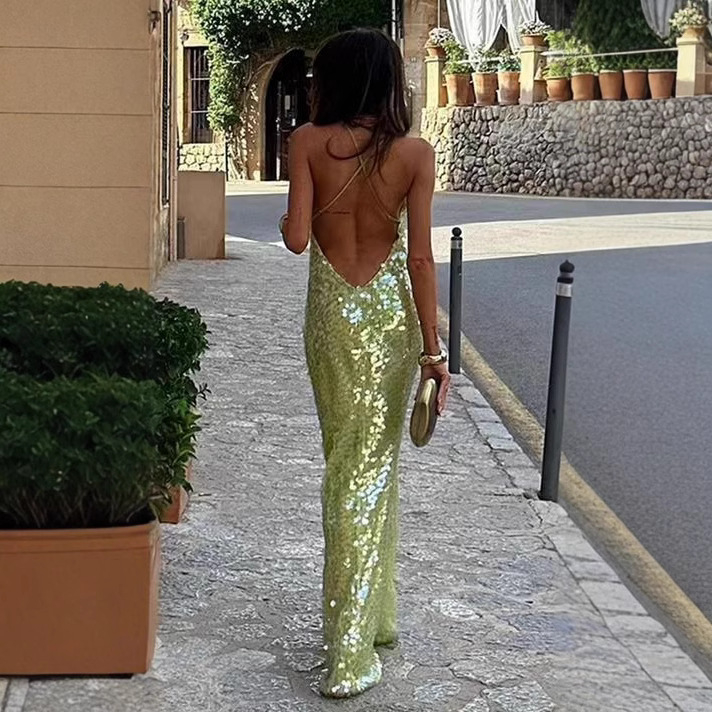 Flitteres hosszú ruha, poliészter, pántos, magas derekú