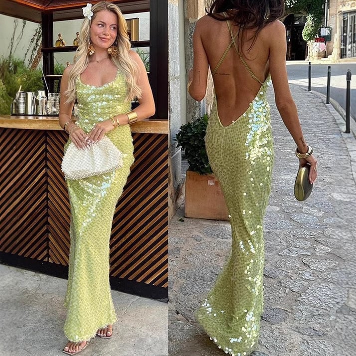 Flitteres hosszú ruha, poliészter, pántos, magas derekú