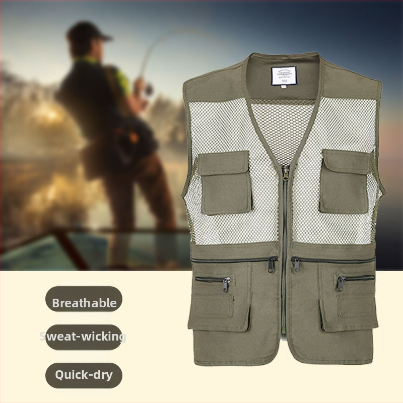 Mužská letná vesta, priedušná, ľahká, so zipsom, V výstrihom, voľný strih, viacero vreciek, vhodná pre všetky ročné obdobia, tkanina zo zmesi chemických vlákien s 60% spandexom, podšívka akryl